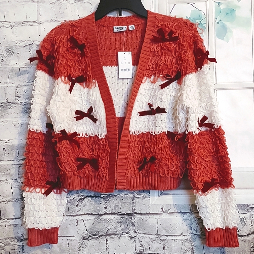 LOOP KNIT WITH BOWS ROSE AND WHITE COLOR CROPPED CARDIGAN SWEATER SIZE XL